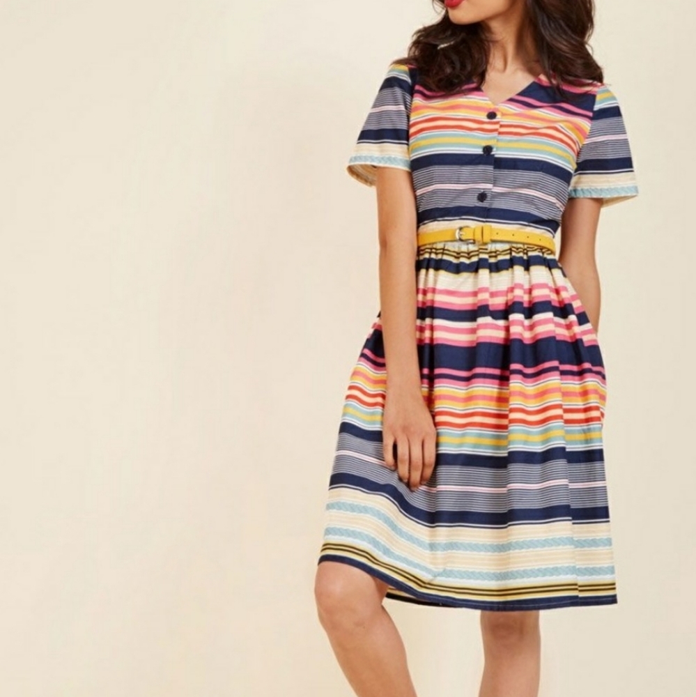 Modcloth Yumi Multicolored Striped Dress with Pockets Size‎ 10